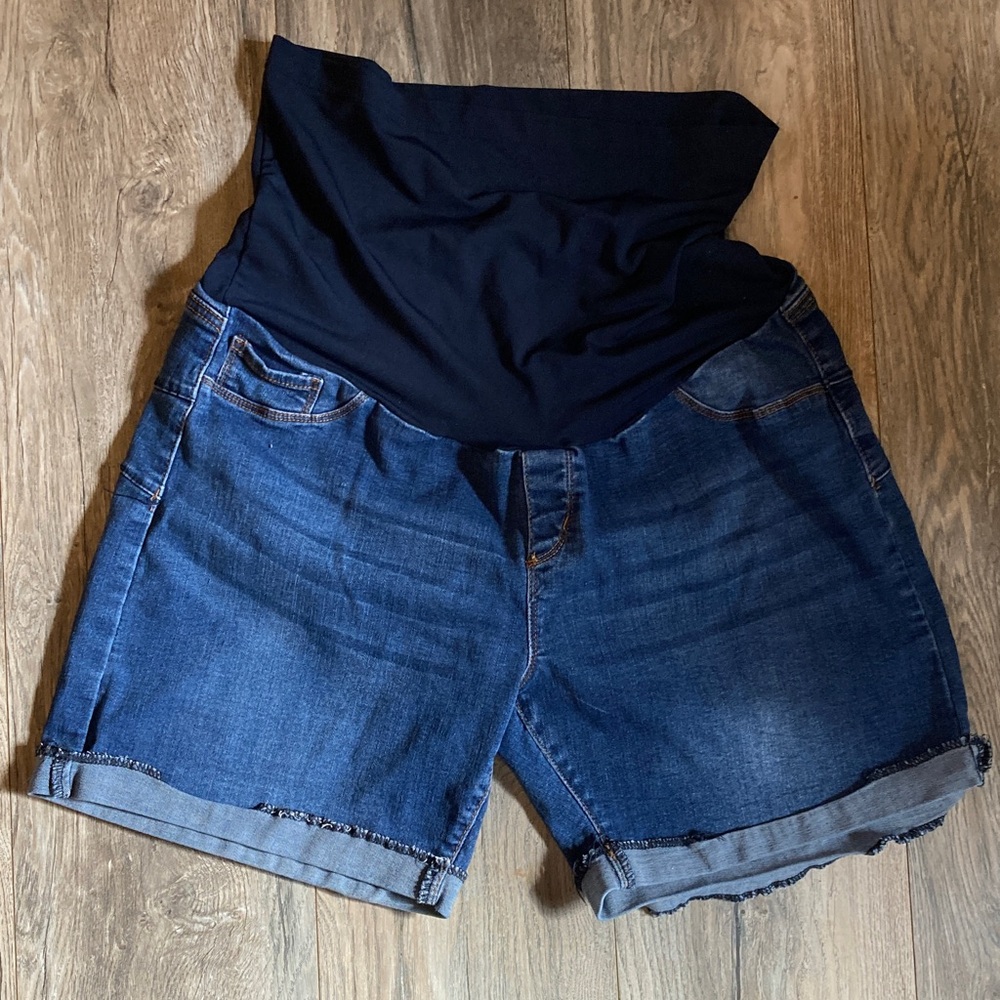 High Waist Denim Maternity Shorts - Dark Blue